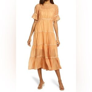 Amy Lynn Lizzo Tiered Taffeta Dress in Orange Brown Sheer Midi Cottegecore Large